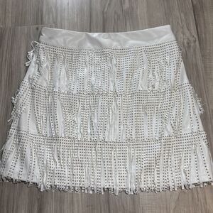NWT Blue B White Gold Studded Vegan Leather Fringe Western Skirt Size Medium $78